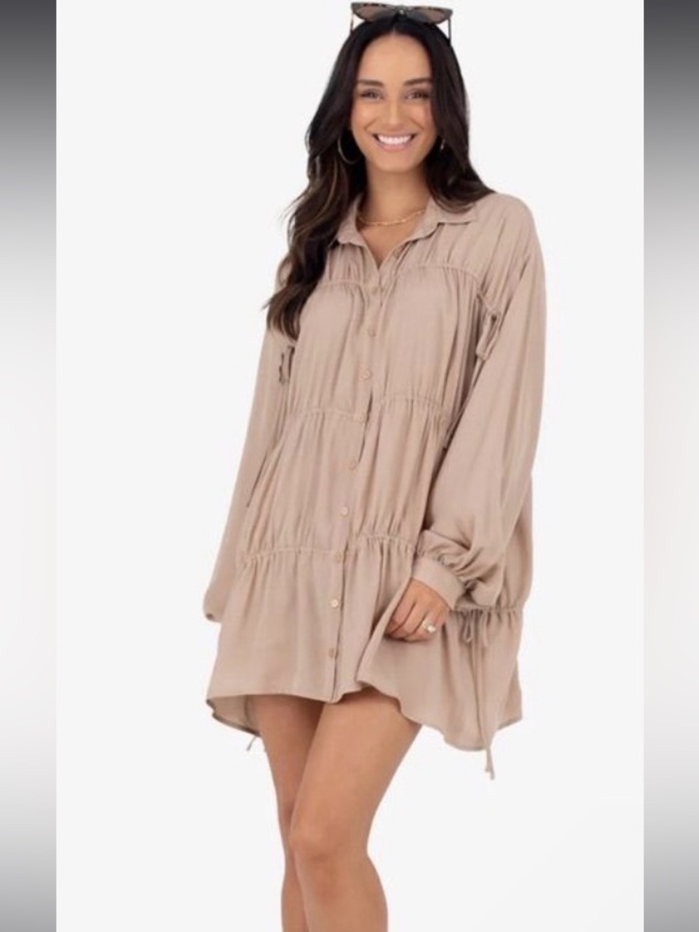 Kittenish Women's Taupe Button-Front Tiered Shirt Dress